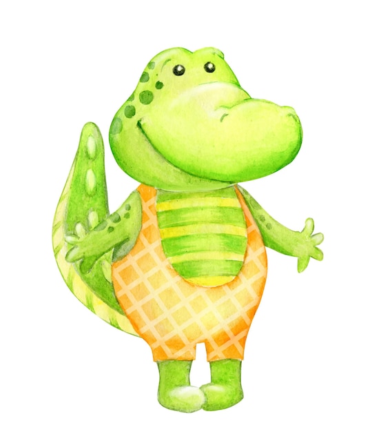 Vector alligator green in a suit for swimming watercolor illustration cute crocodile