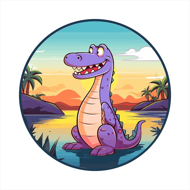 Alligator Kleurrijke cartoon Kawaii Karakter Strand zonsondergang Dier Huisdieren Sticker Geïsoleerde illustratie