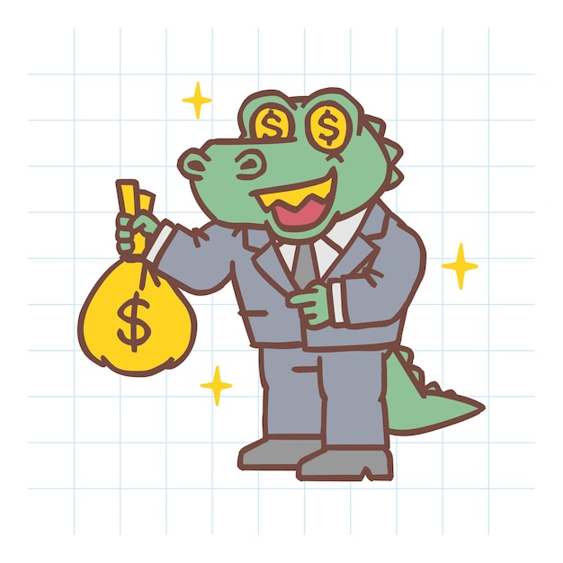 Alligator met geldzak en glimlacht. Hand getekend karakter. vectorillustratie