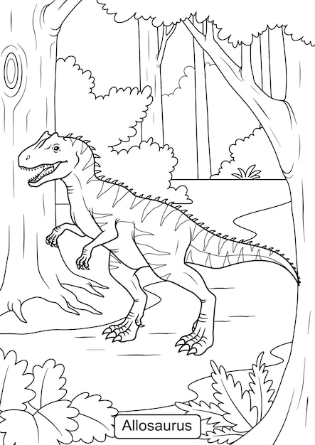 Vector allosaurus dinosaur line art for coloring page vector illustration