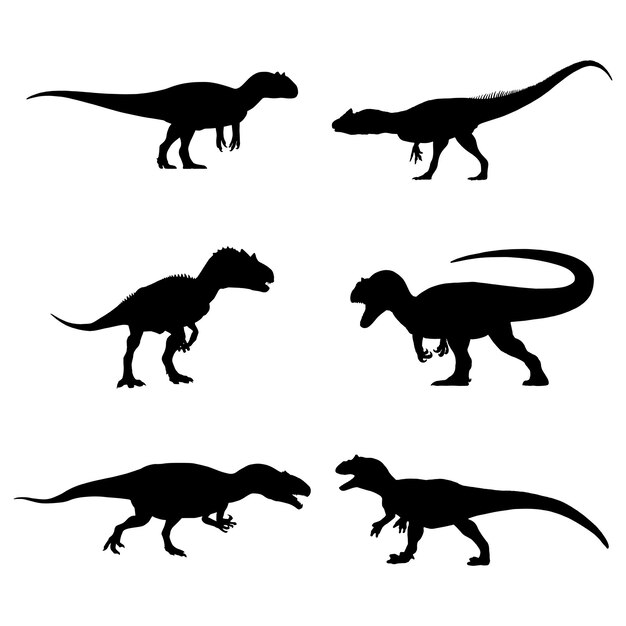 흰색 배경 벡터 일러스트 레이 션에 고립 된 검은 알로 사우루스 실루엣 세트 컬렉션