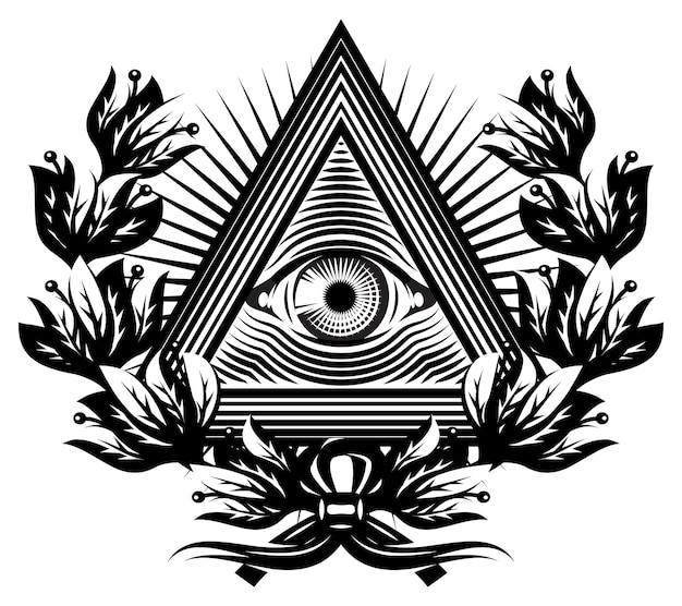 Allseeing eye of god sacred symbol in a stylized triangle against the background of diverging rays vector monochrome illustration