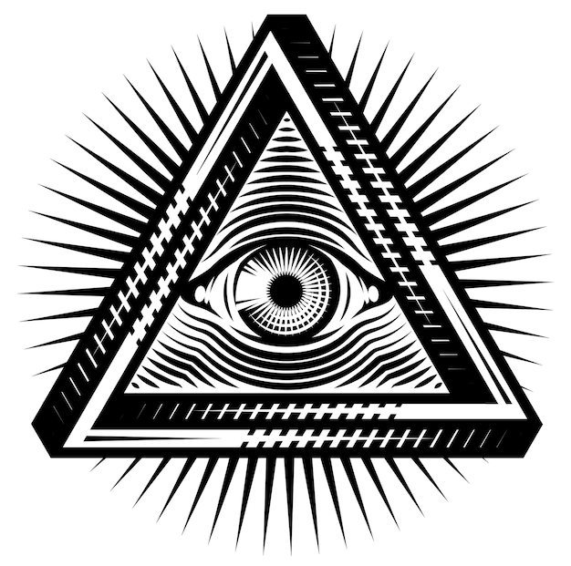 Vettore occhio onniveggente di dio simbolo sacro in un triangolo stilizzato sullo sfondo di raggi divergenti illustrazione monocromatica vettoriale
