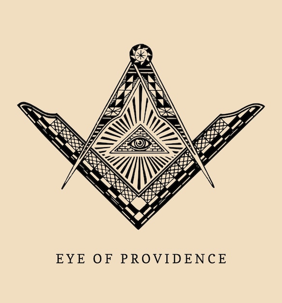 Allseeing eye of providence Masonic square and compass symbols Freemasonry pyramid engraving logo emblem Illuminati vector illustration