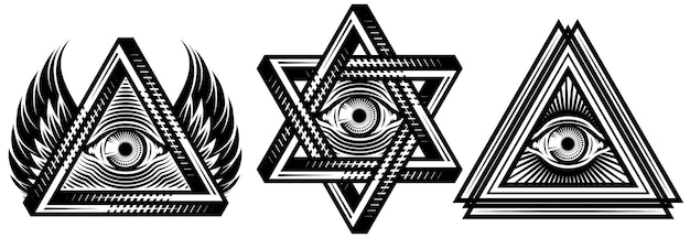 Всевидящий глаз с различными геометрическими формами Священные символы Набор из трех шаблонов для дизайна Монохромная векторная иллюстрация