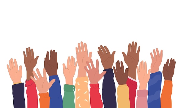 allyship raised arms of a group.volunteers racial equality