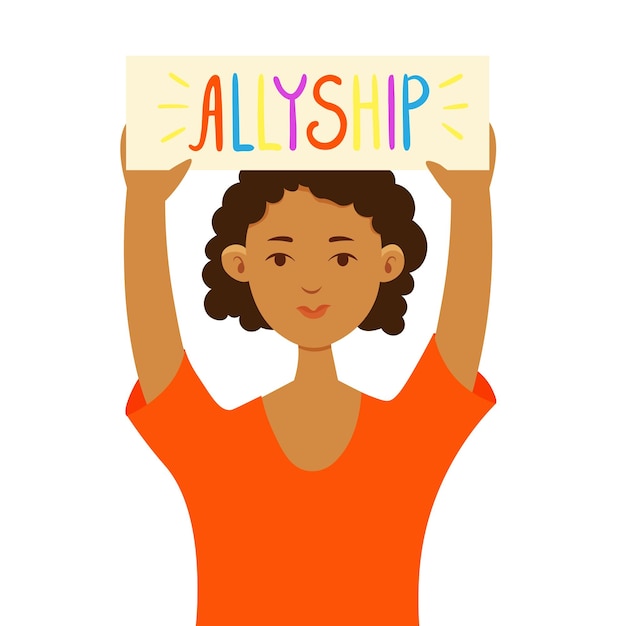 Allyship women concept vector illustration African american girl holding sign Allyship