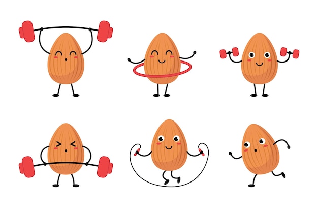 Almond cartoon character exercising vector illustrations set