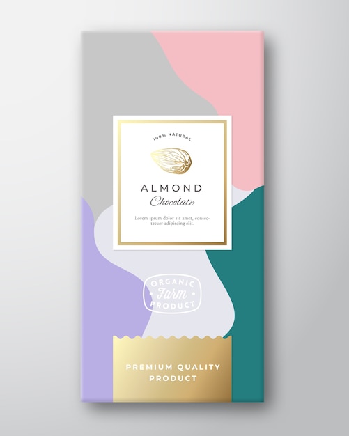 Almond chocolate label. abstract  packaging  layout with soft realistic shadows.