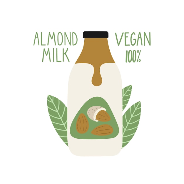 Vector almond milk in a cartoon bottle vegan milk packaging