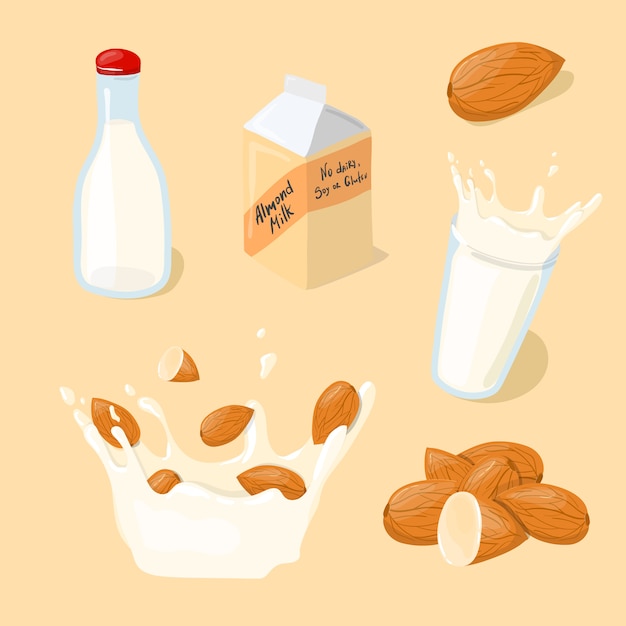 Almond milk glass, splash, bottle, pack icon set. healthy eating cartoon illustration isolated