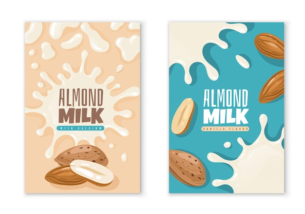 Almond milk labels dairy product package design template vegan diet organic beverages advertising liquid blots and nuts natural vegetarian healthy nutrition vector packaging stickers mockup set