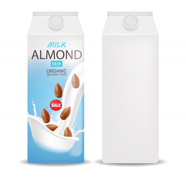 Vector almond milk realistic, organic milk, new product, fresh milk, box package