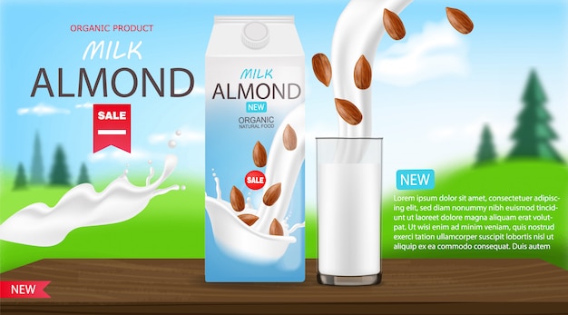 Vector almond milk realistic, organic milk, new product, fresh milk, box package