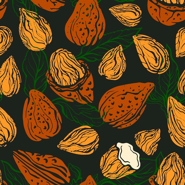 Almond nut seamless pattern natural shell green leaf vector texture sketch