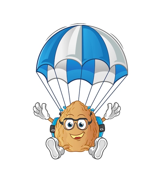 Almond skydiving character cartoon mascot vector
