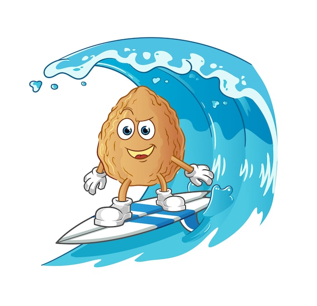 Almond surfing character. cartoon mascot vector