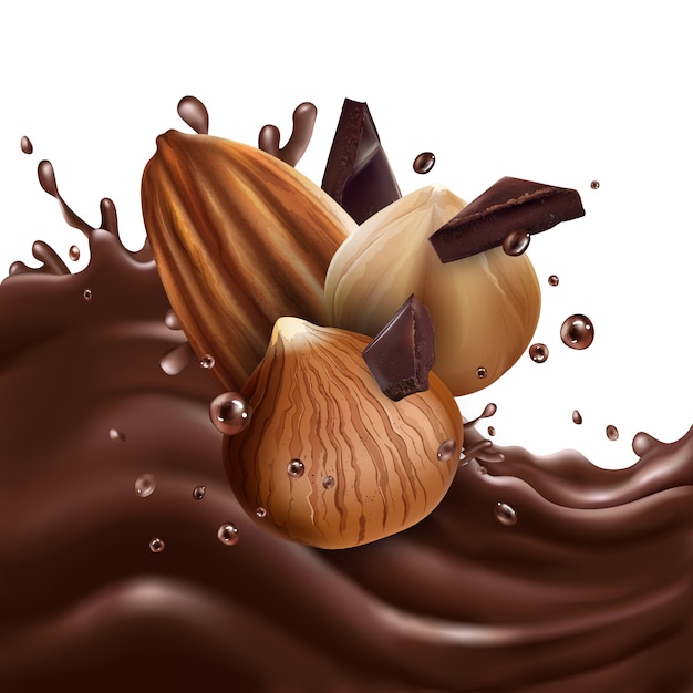 Vector almonds and hazelnuts with chocolate pieces on a chocolate wave.