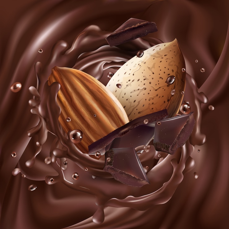 Vector almonds with chocolate pieces in liquid chocolate.