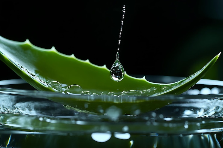 Vector aloe gel dropping from fresh aloe vera leaf cut aloe vera plant at the background