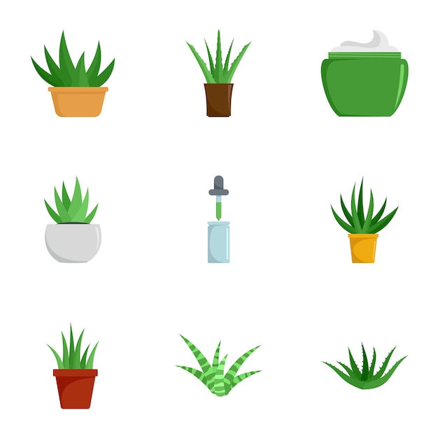 Aloë vera plant icon set, vlakke stijl