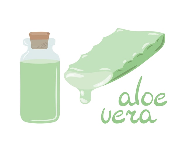 Aloe vera plant slice symbol with drop. Single glass jar with liquid inside.