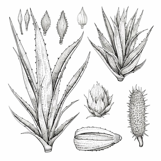 Aloe_vera_setSketch_of_Plant_and_bunch_and_leaveベクトル