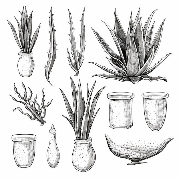 Vector aloe_vera_setsketch_of_plant_and_bunch_and_leave vector