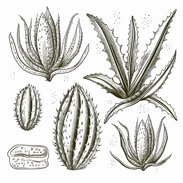 Aloe_vera_setSketch_of_Plant_and_bunch_and_leave vector