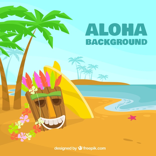 Aloha achtergrond met hawaiiaans masker op het strand