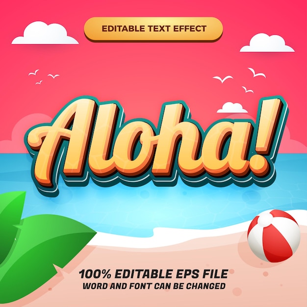 Редактируемый текстовый эффект aloha с красивым фоном на пляже заката для летнего баннера