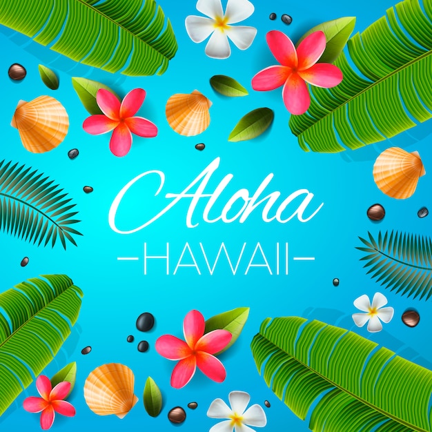 Sfondo aloha hawaii. piante, foglie e fiori tropicali. saluto in lingua hawaiana. illustrazione.