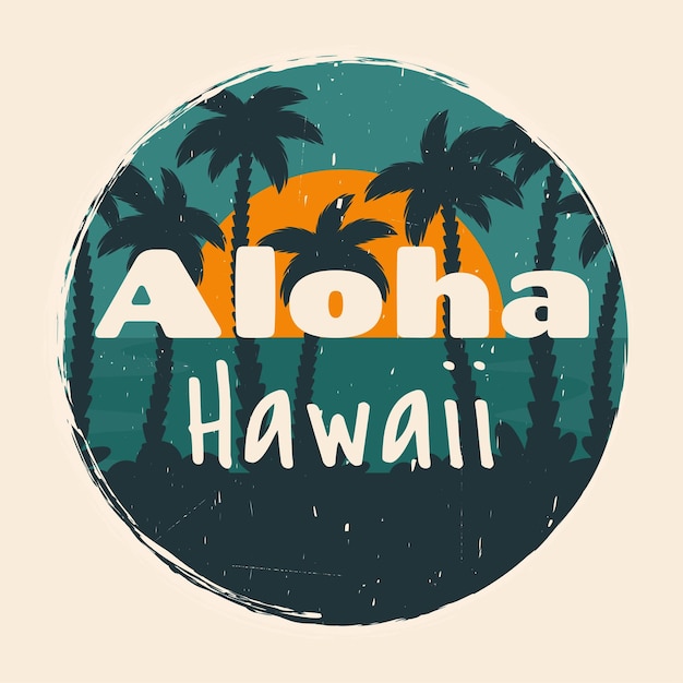 Aloha hawaii vintage sunset beach с силуэтами тропических пальмовых листьев летний фон вектор