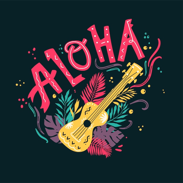 Aloha mooie poster met ukelele palm tropische bladeren en sierlijke hand belettering vector illustartion