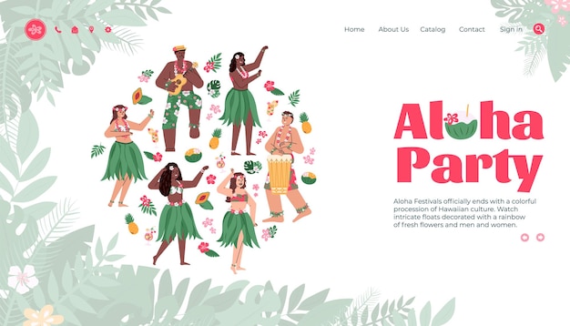 Aloha party hawaiiaans festival bestemmingspagina platte cartoon vectorillustratie
