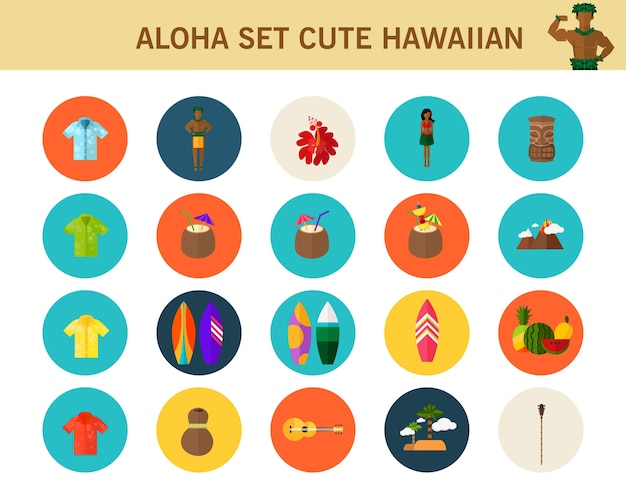 Aloha set симпатичные гавайские концепции плоские иконки.