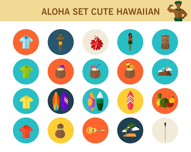 ベクトル アロハ・セットcute hawaiian conceptフラット・アイコン。