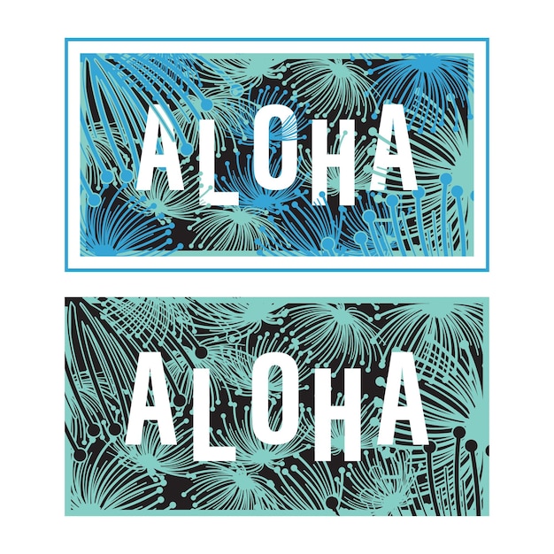 Vector aloha title poster illustration with blue lehua flower design