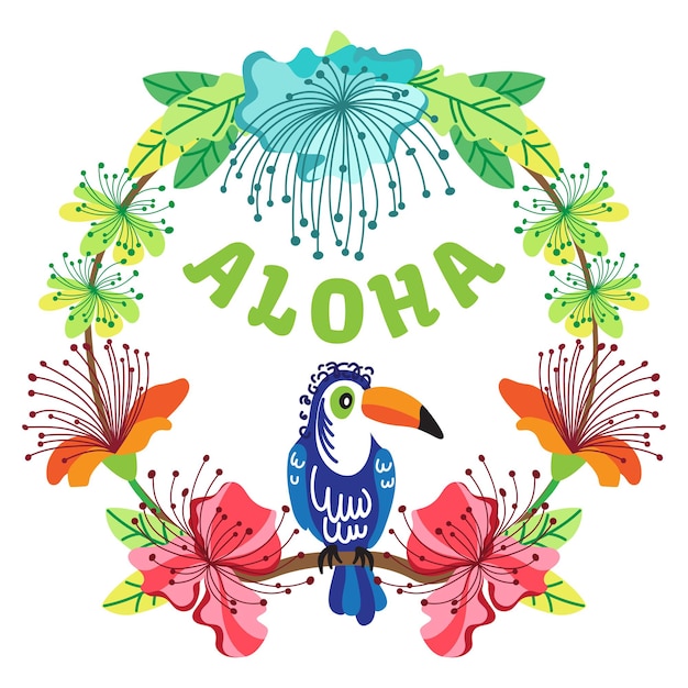 Aloha uitnodigingsontwerp met toekan, exotische bloemen en bladeren. perfect voor kaarten, uitnodigingen, posters, van toepassing op een tas, t-shirt, mok.