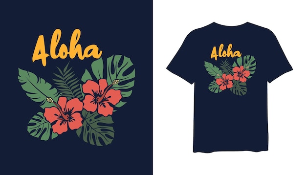 Aloha con foglia di monstera e fiore illustrazione vettoriale t-shirt mockup design