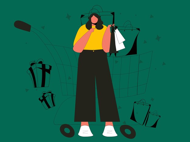 Alone flat woman shopping illustration