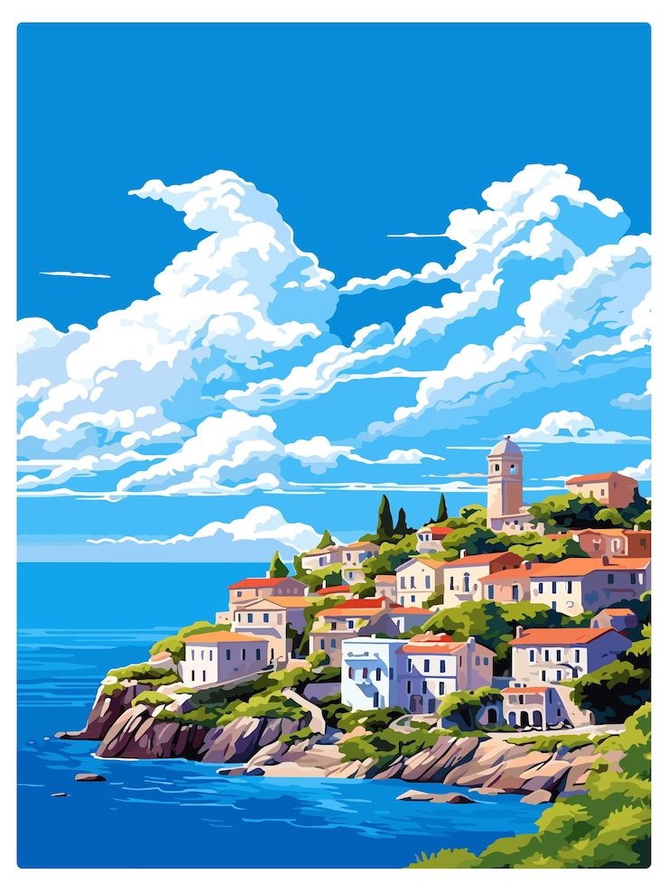 Vector alonissos island greece vintage travel poster souvenir postcard portrait painting wpa illustration