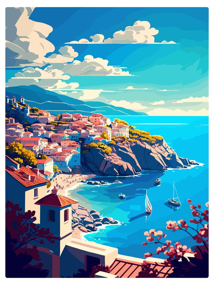 Vector alonnisos greece decoration vintage travel poster souvenir postcard portrait painting illustration