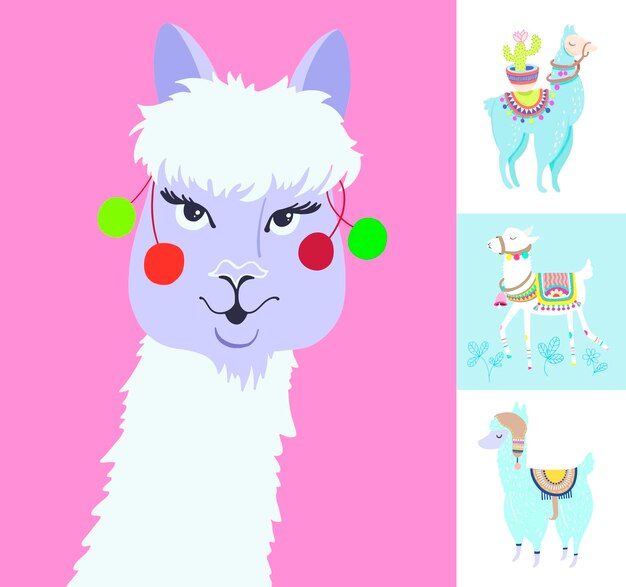 Vector alpaca portrait for avatar funny llama with cactus isolated on