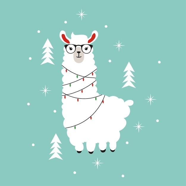 Vector alpaca with glasses wrapped in garlands christmas flat vector illustration