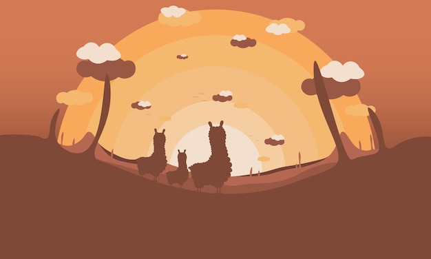 Alpacas or llama silhouette in Africa background vector wallpaper landscape illustration world alpaca day