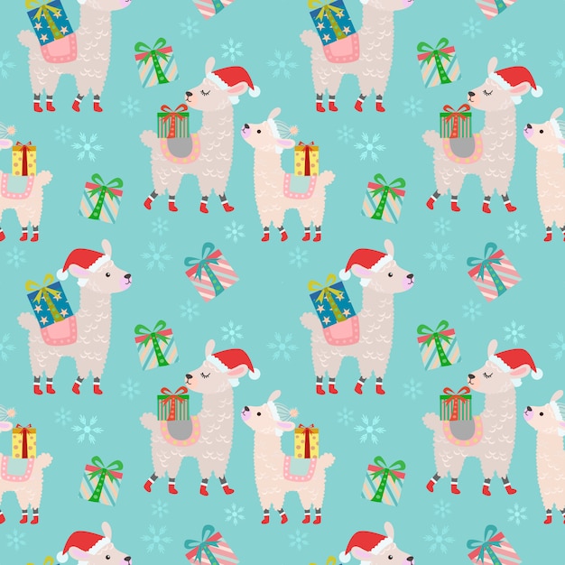 Alpacas with gift seamless pattern.