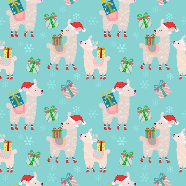 Alpacas with gift seamless pattern.