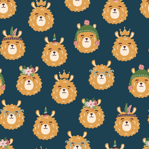 Alpaka in glasses hat feathers flowers crown vector seamless pattern lama childish texture fabric