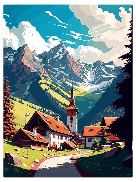 Вектор Альпбек, австрия, винтажный туристический плакат, сувенирная открытка, портретная живопись, иллюстрация wpa